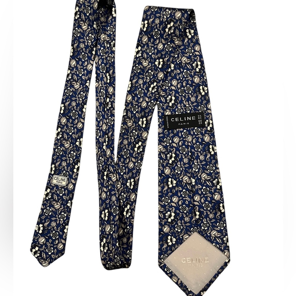 Pure Silk Celine Blue and White Silk Tie with Floral Pattern